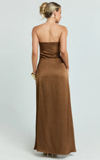 Laurie Maxi Dress - Strapless Draped Satin Dress in Chocolate