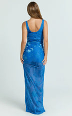 Inez Maxi Dress - Scoop Neck Gathered Front Split Dress in Blue