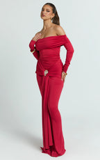 Trish Maxi Dress - Off Shoulder Hardware Trim Bodycon Dress in Cherry