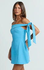 Cecilia Mini Dress - Off Shoulder Tie Detail Dress in Blue