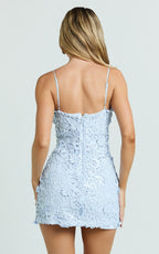 Sabine Mini Dress - 3D Sequin Floral Fitted Dress in Sky Blue