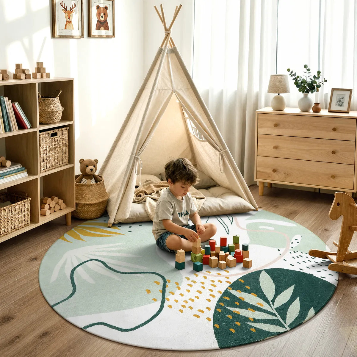 Kiki Washable Modern Botanical Leaf Print Green Rug