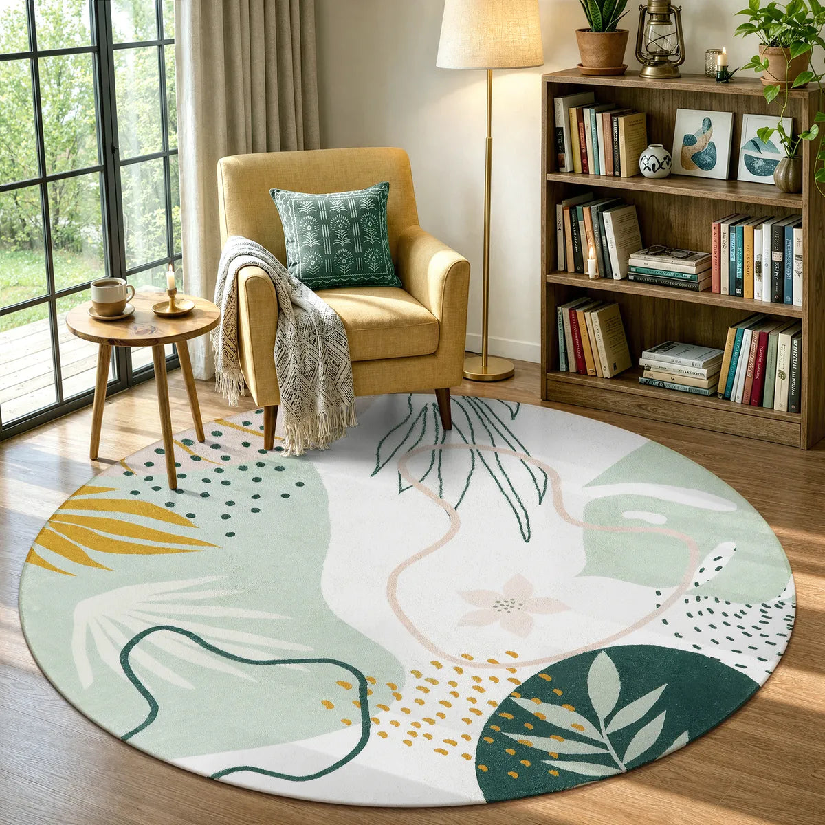Kiki Washable Modern Botanical Leaf Print Green Rug