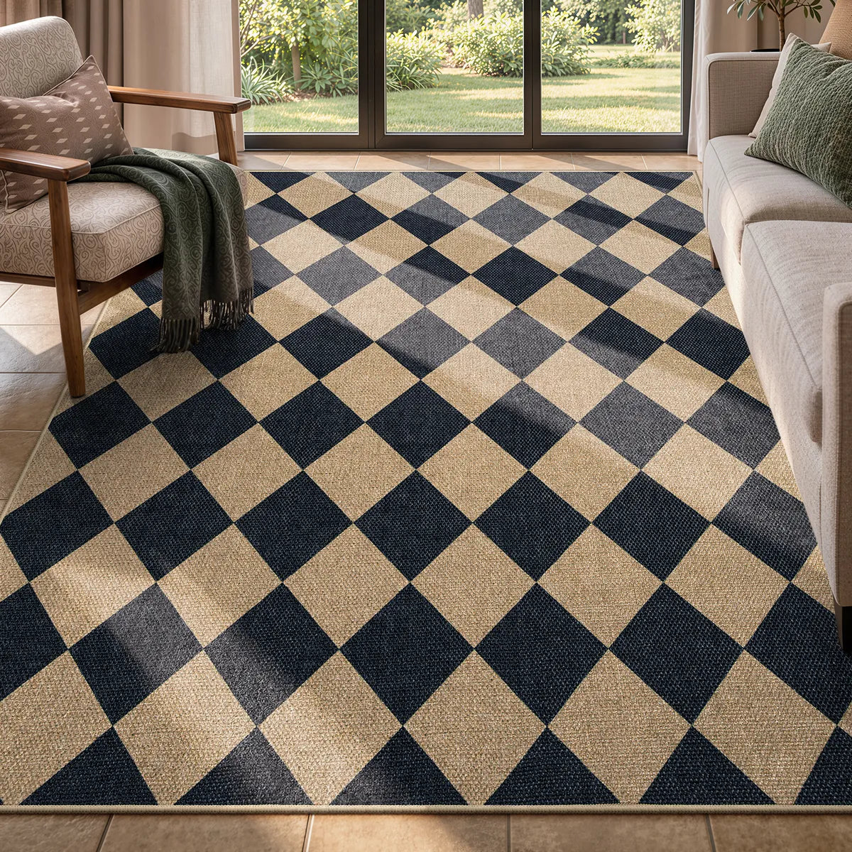 Coline Washable Geometric Checkered Easy Jute Black Indoor/Outdoor Runner Rug