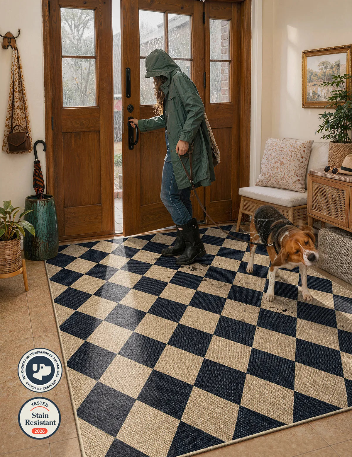 Coline Washable Geometric Checkered Easy Jute Black Indoor/Outdoor Runner Rug