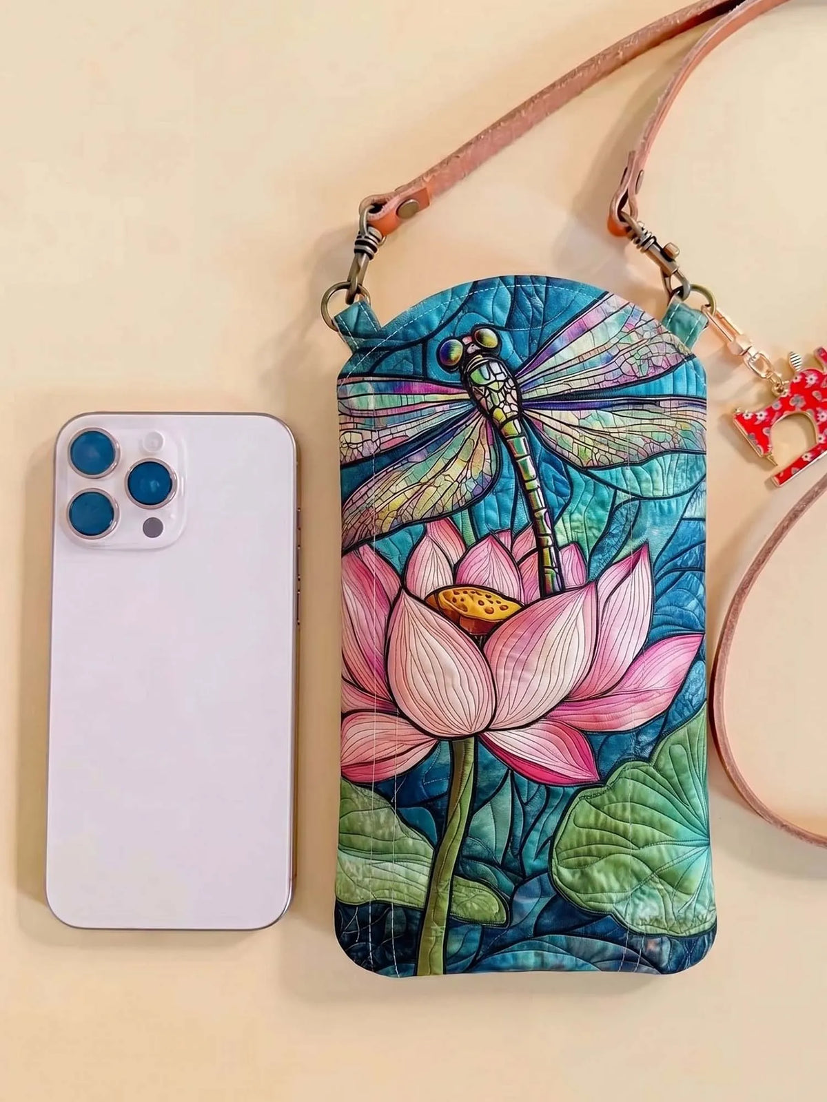 Stained Glass Lotus Dragonfly Quilted Slim Phone Crossbody Bag