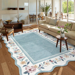 Ariele Washable Vintage Floral Scalloped Dusty Blue Rug