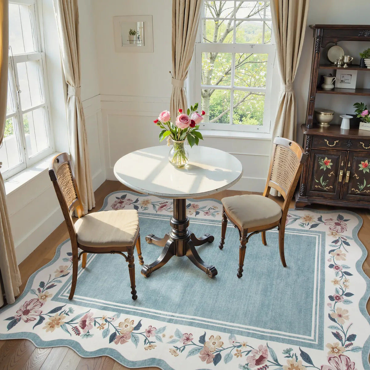 Ariele Washable Vintage Floral Scalloped Dusty Blue Rug