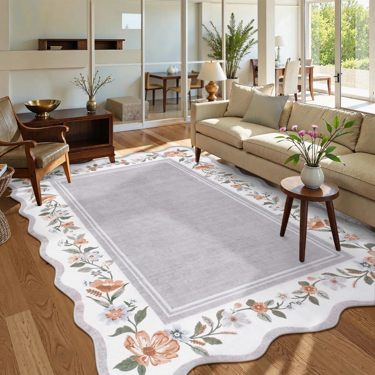 Ariele Washable Vintage Floral Scalloped Gray Purple Rug