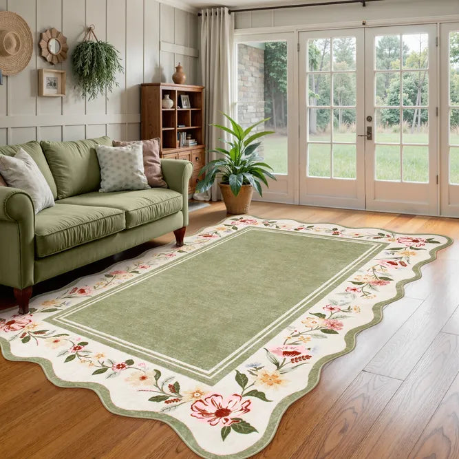 Ariele Washable Vintage Floral Scalloped Sage Green Rug