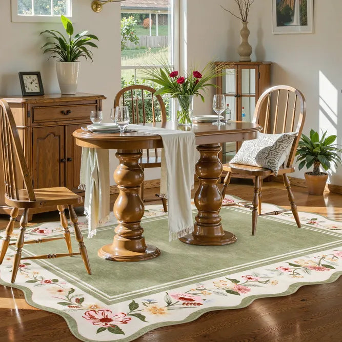 Ariele Washable Vintage Floral Scalloped Sage Green Rug