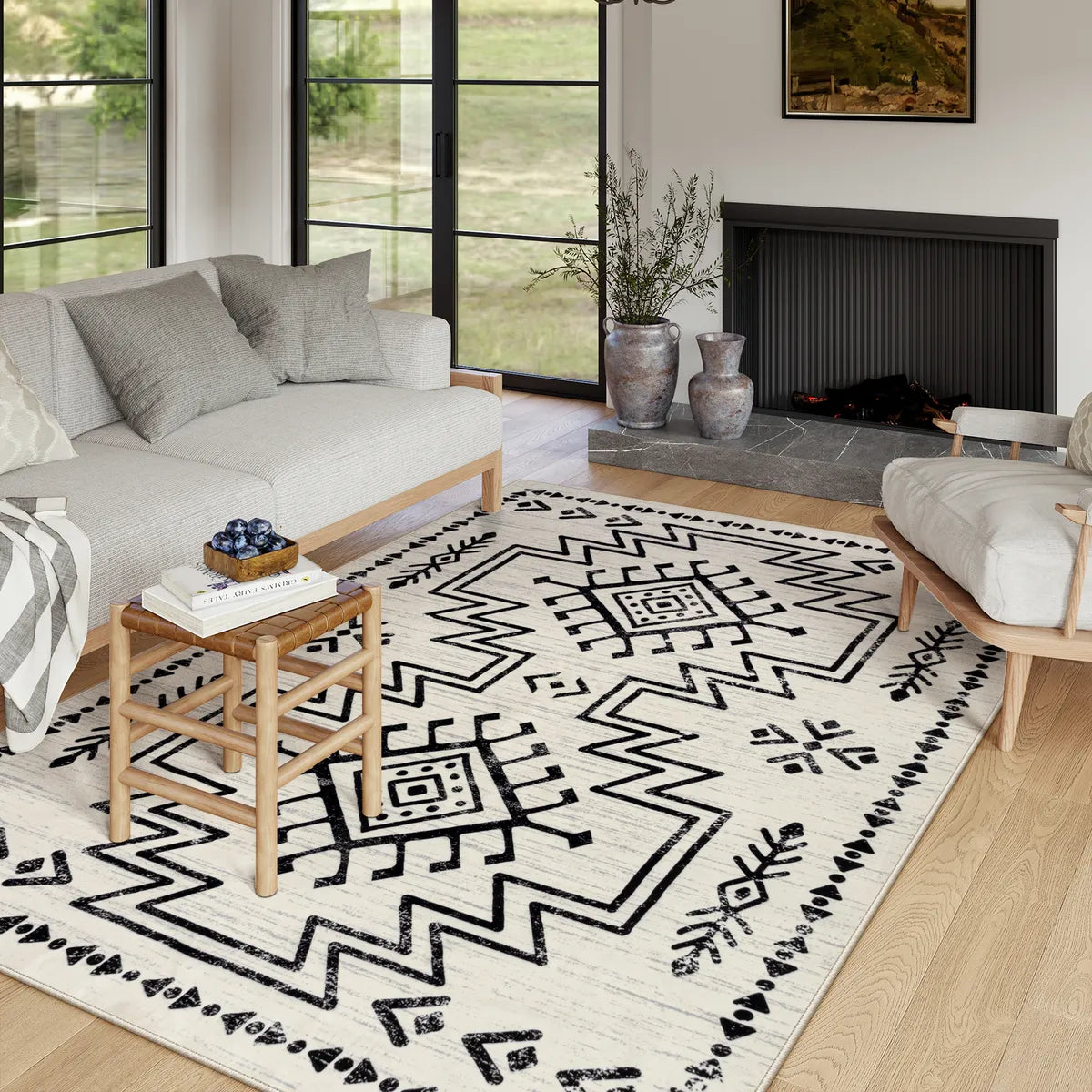 Vivienne Washable Aztec Moroccan Distressed Beige Rug