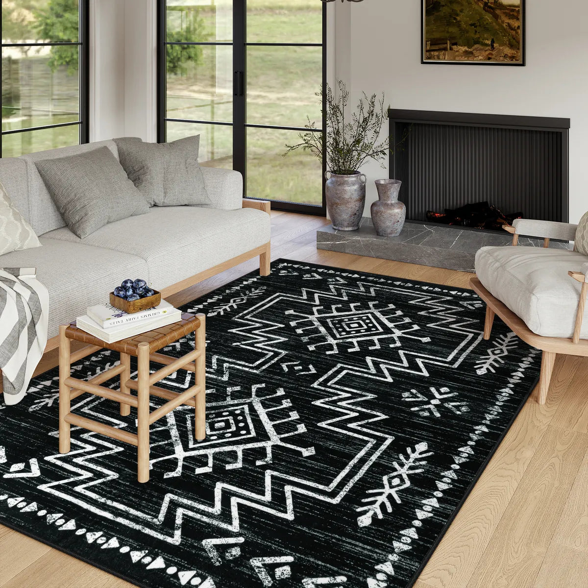Vivienne Washable Aztec Moroccan Distressed Black Rug