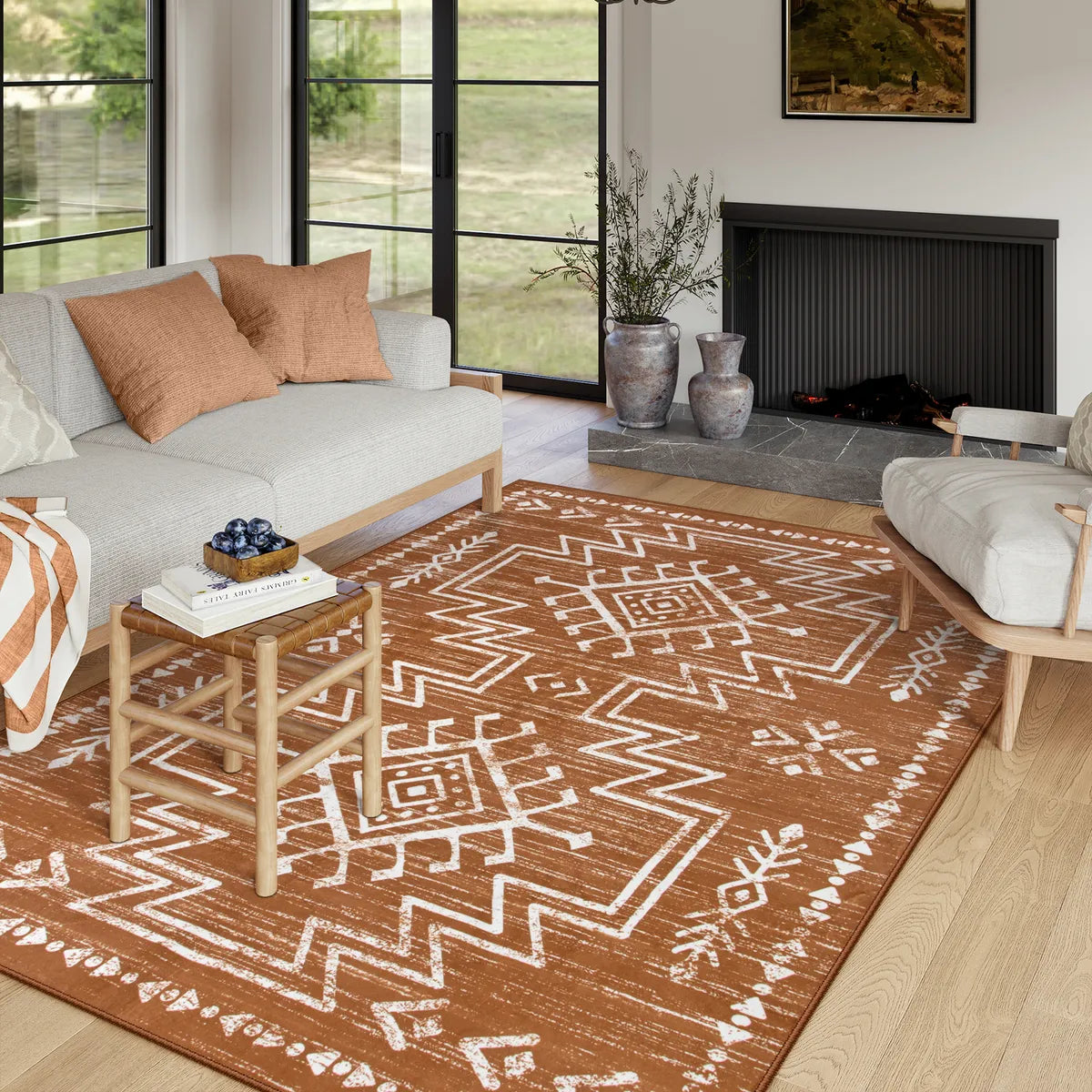 Vivienne Washable Aztec Moroccan Distressed Orange Rug