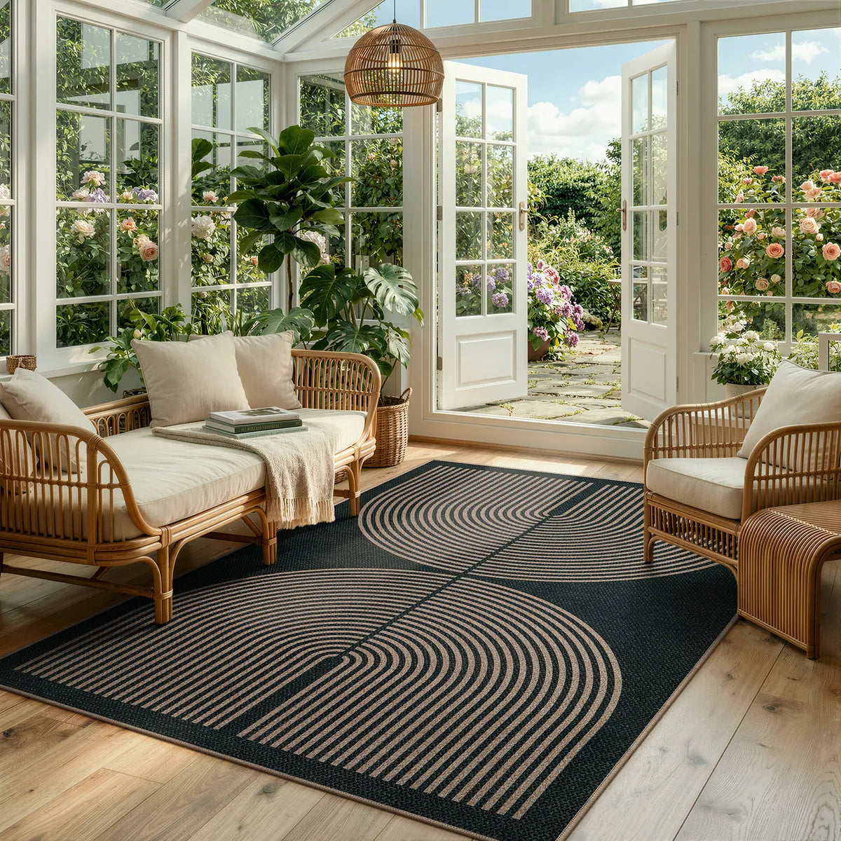 Enfys Washable Modern Rainbow Easy Jute Black/Grey Indoor/Outdoor Rug