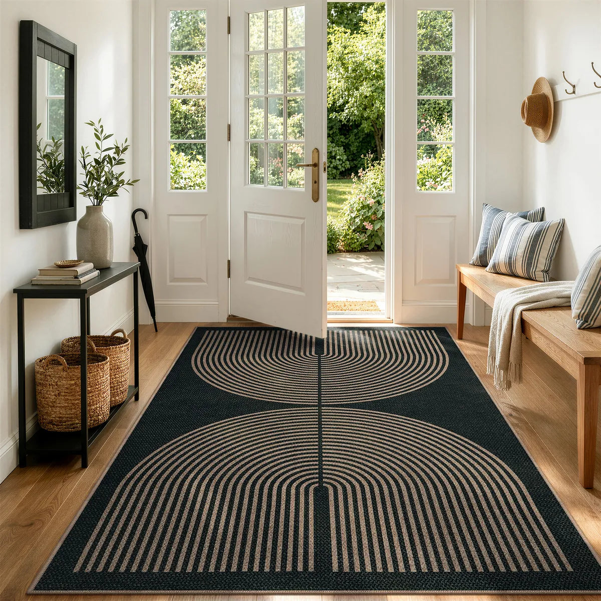 Enfys Washable Modern Rainbow Easy Jute Black/Grey Indoor/Outdoor Rug
