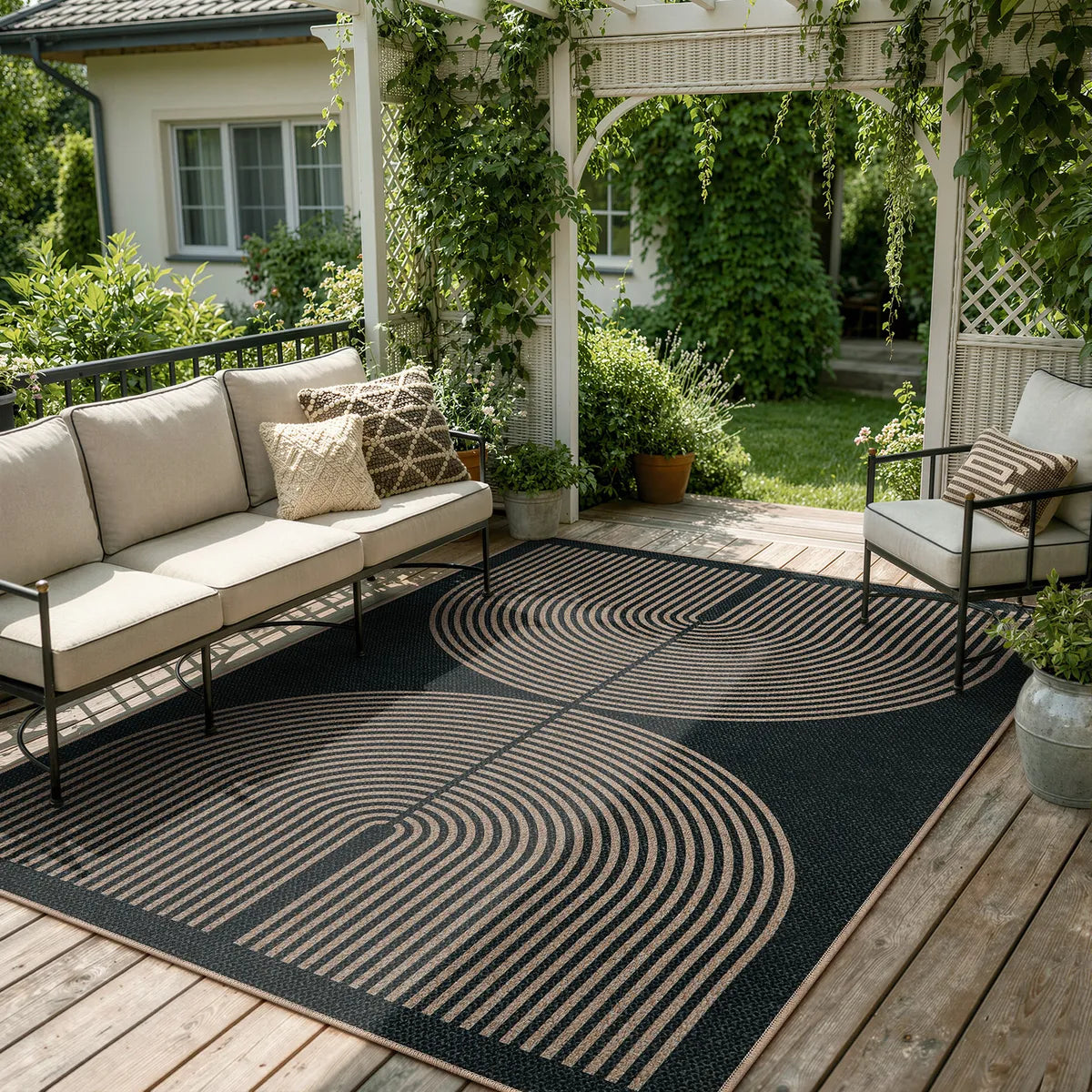 Enfys Washable Modern Rainbow Easy Jute Black/Grey Indoor/Outdoor Rug