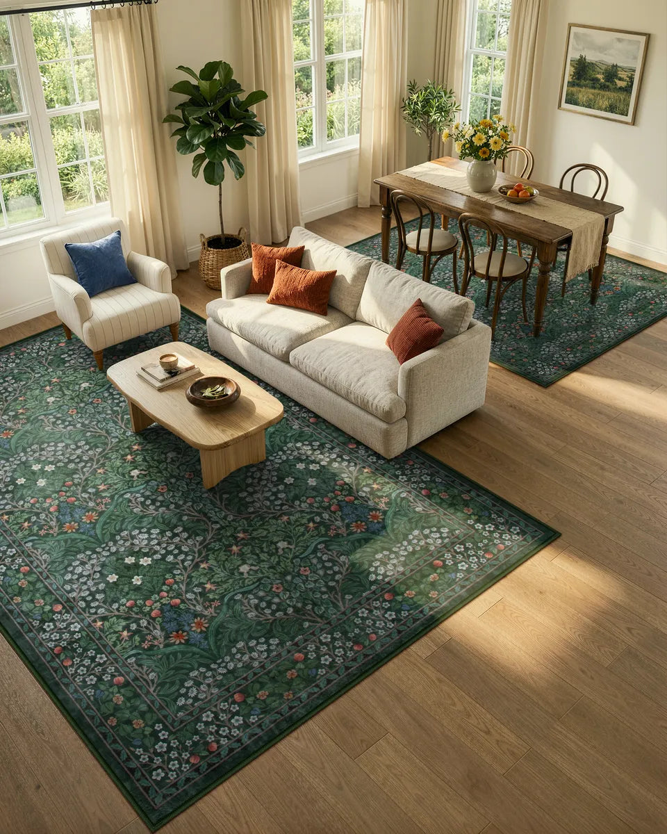 Giverny Washable Maximalism Vintage French Floral Dark Green Rug