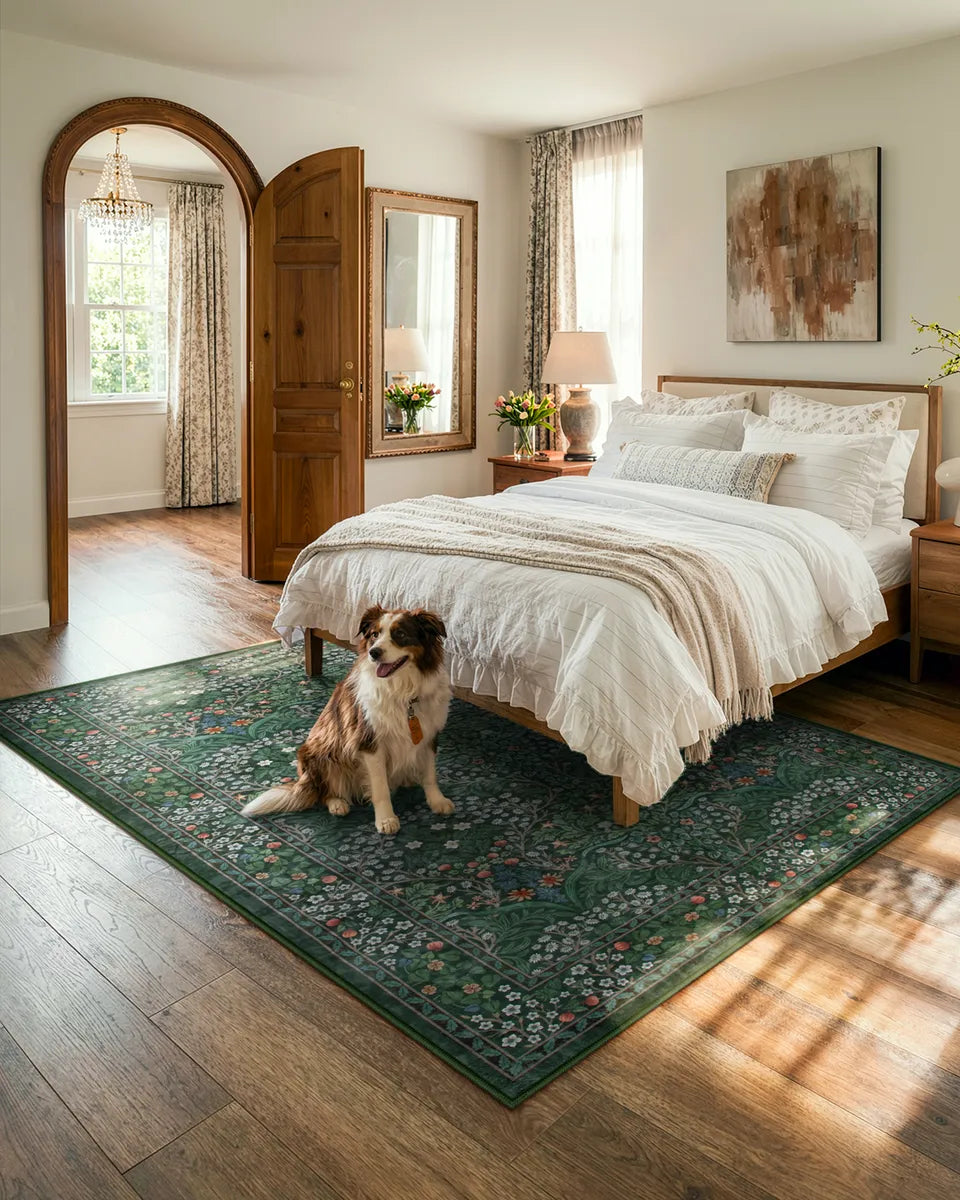 Giverny Washable Maximalism Vintage French Floral Dark Green Rug