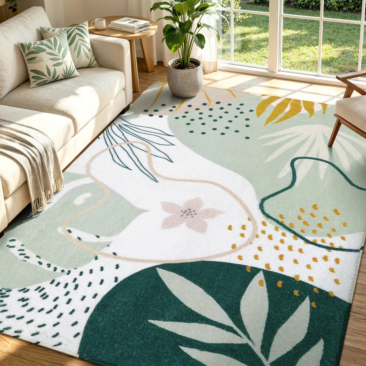 Kiki Washable Modern Botanical Leaf Print Green Rug