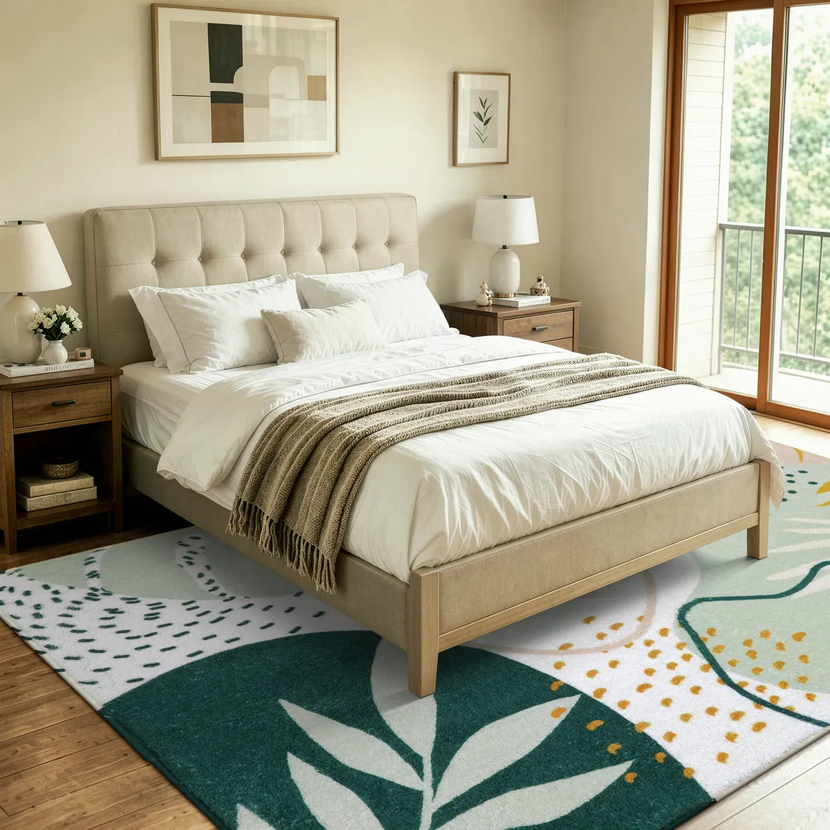 Kiki Washable Modern Botanical Leaf Print Green Rug