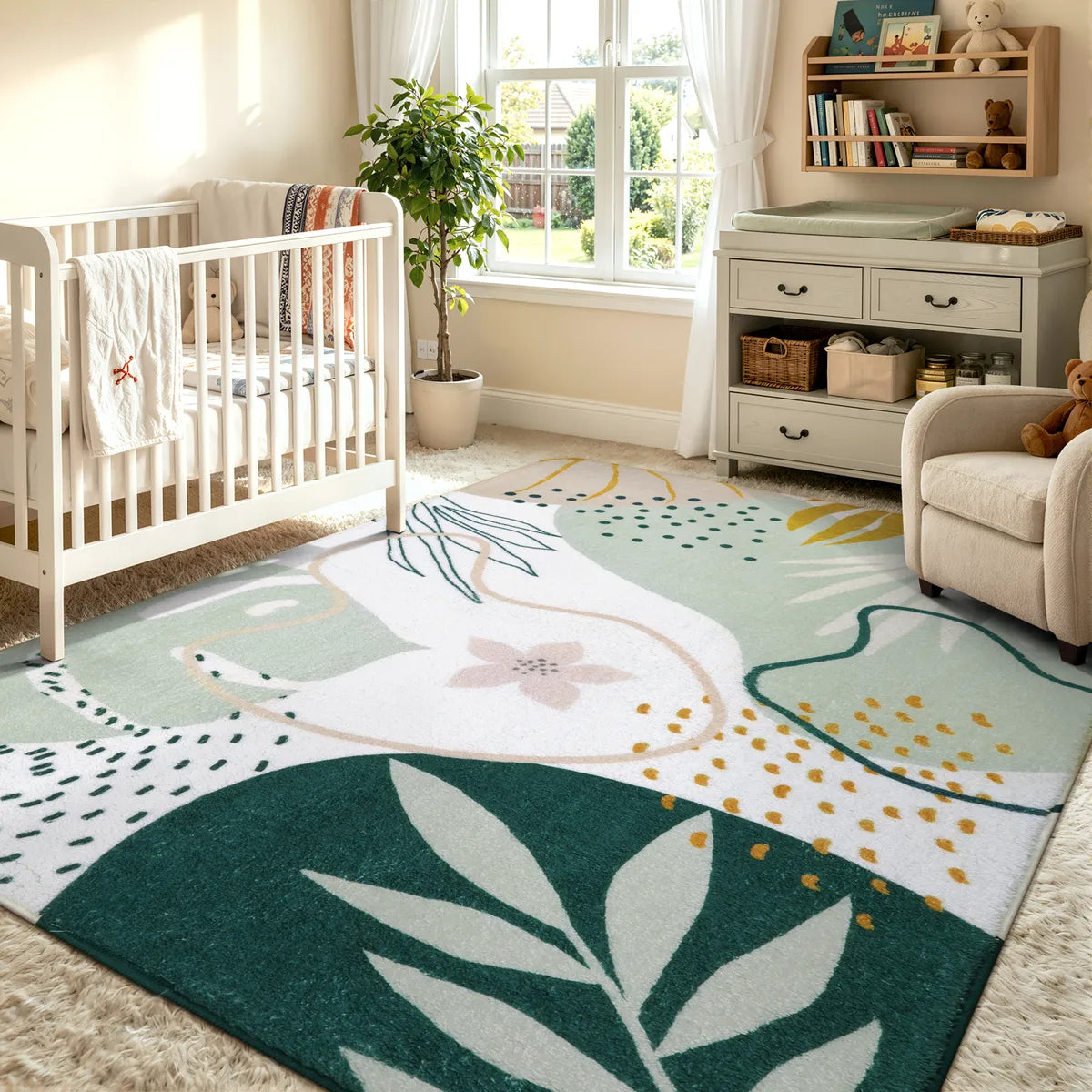 Kiki Washable Modern Botanical Leaf Print Green Rug
