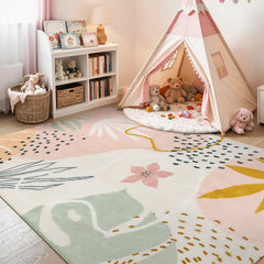 Kiki Washable Modern Botanical Leaf Print Pink Rug