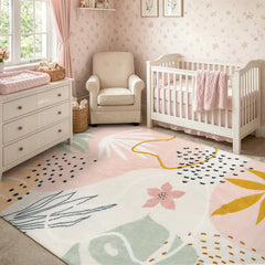 Kiki Washable Modern Botanical Leaf Print Pink Rug