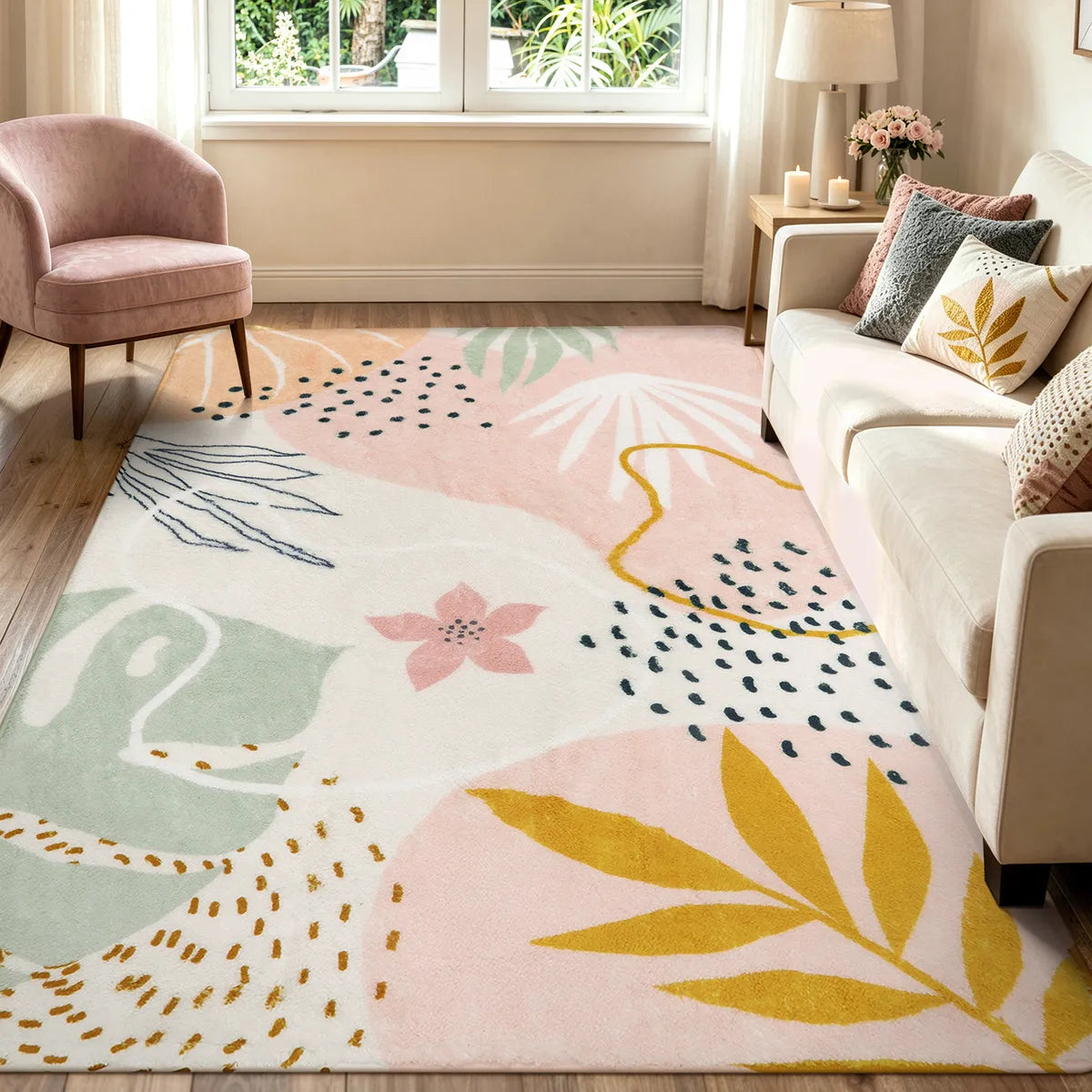 Kiki Washable Modern Botanical Leaf Print Pink Rug