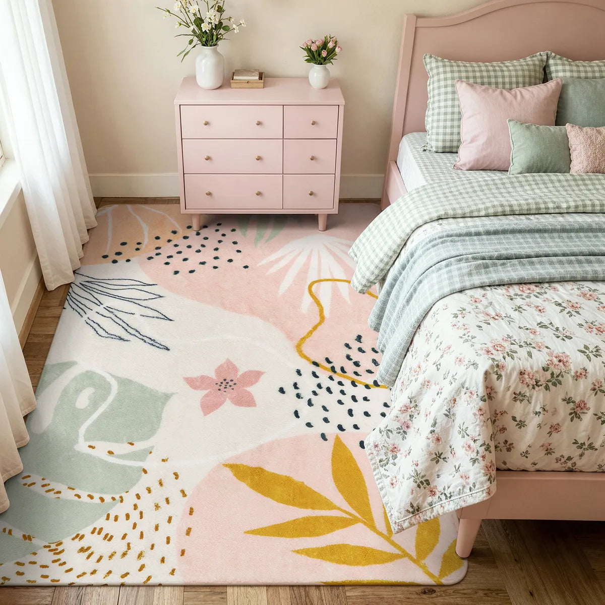 Kiki Washable Modern Botanical Leaf Print Pink Rug