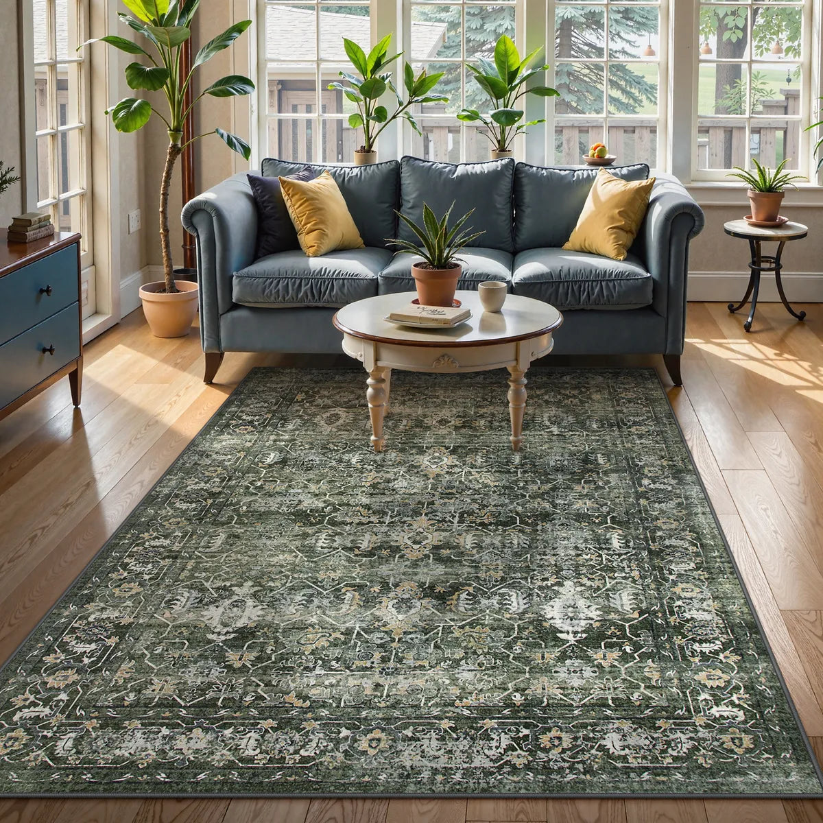 Margot Washable Vintage Distressed Dark Green Rug