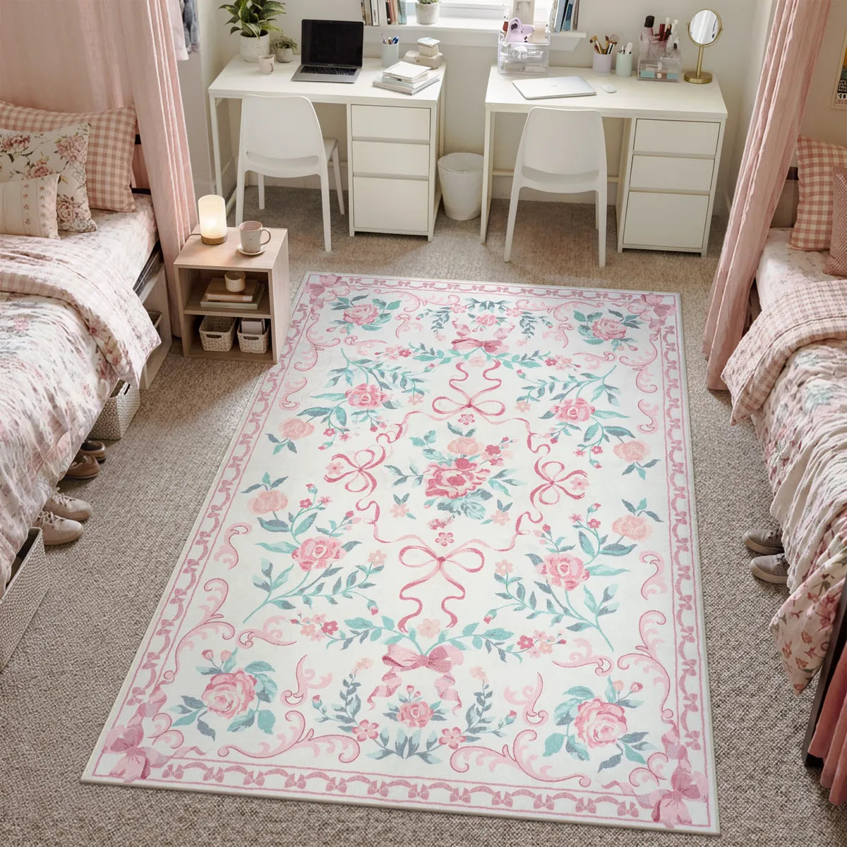 Rosabel Washable Floral Bows Pink Rug