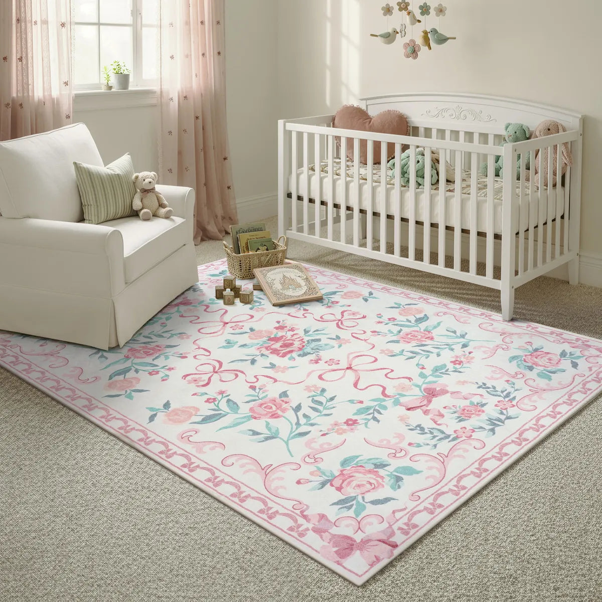 Rosabel Washable Floral Bows Pink Rug