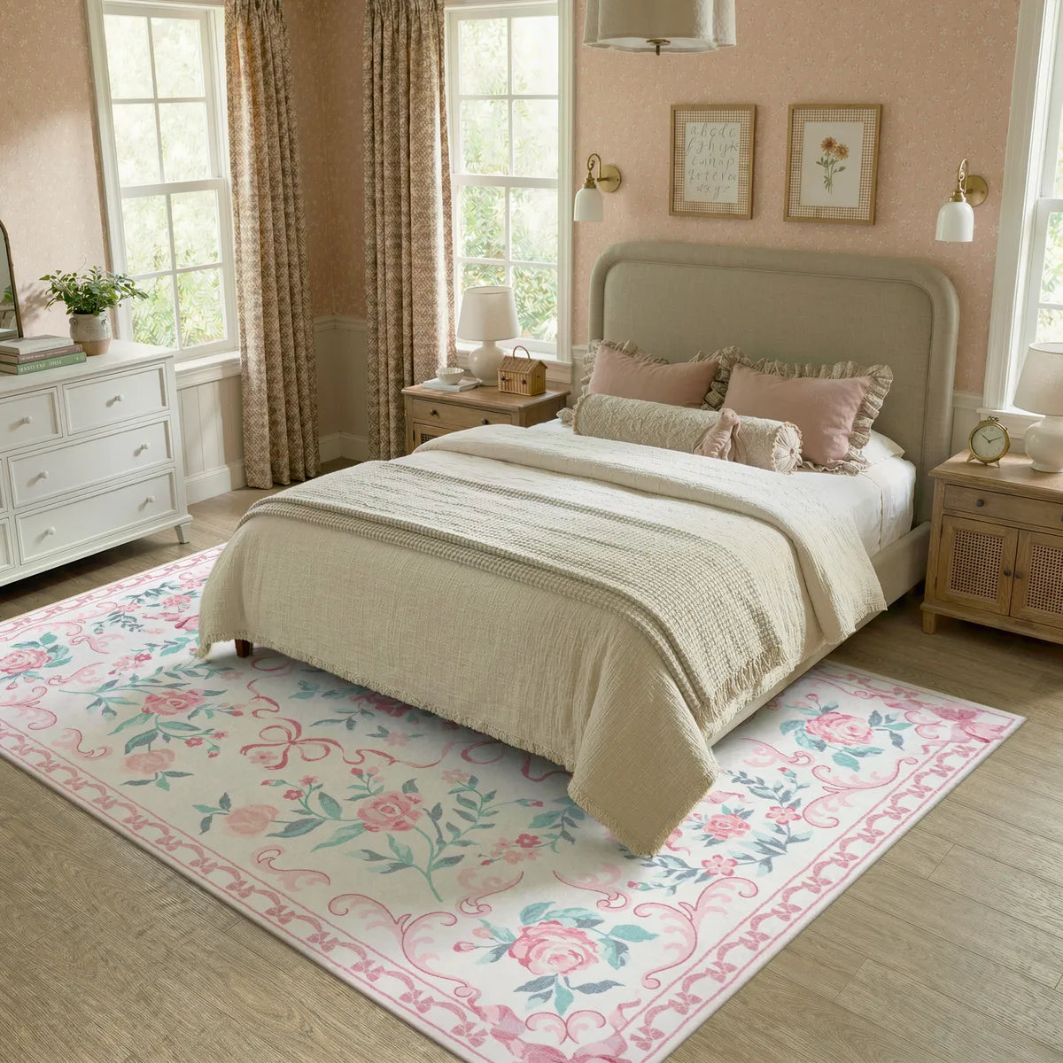 Rosabel Washable Floral Bows Pink Rug