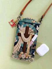 Cross Dove Floral Bible Verse Quilted Slim Phone Crossbody Bag