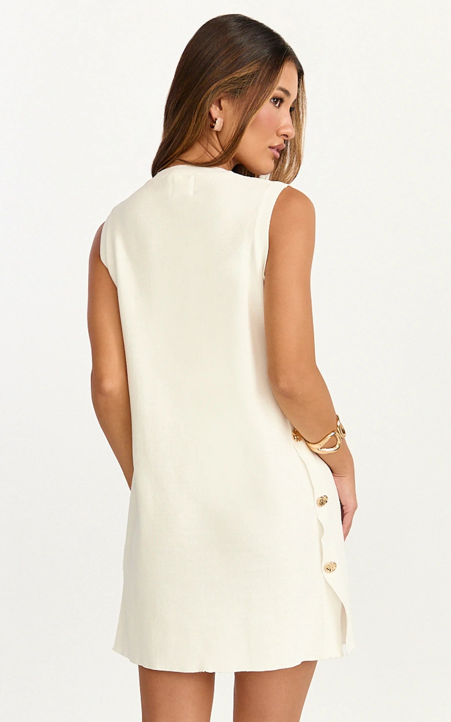 Terri Mini Dress - Scoop Neck Button Down Knit Dress in Plain White
