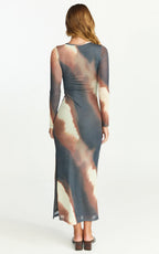 Margot Maxi Dress - High Neck Long Sleeve Mesh Dress in Rust Print