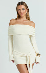 Rhianna Mini Dress - Knitted Off Shoulder Tie Waist Mini Dress in Cream