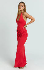 Heath Maxi Dress - Scoop Halter Neck With Drape Front Skirt Back Split Dress in Red