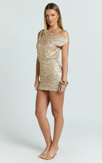 Nora Mini Dress - One Shoulder Blouson Fitted Dress in Gold