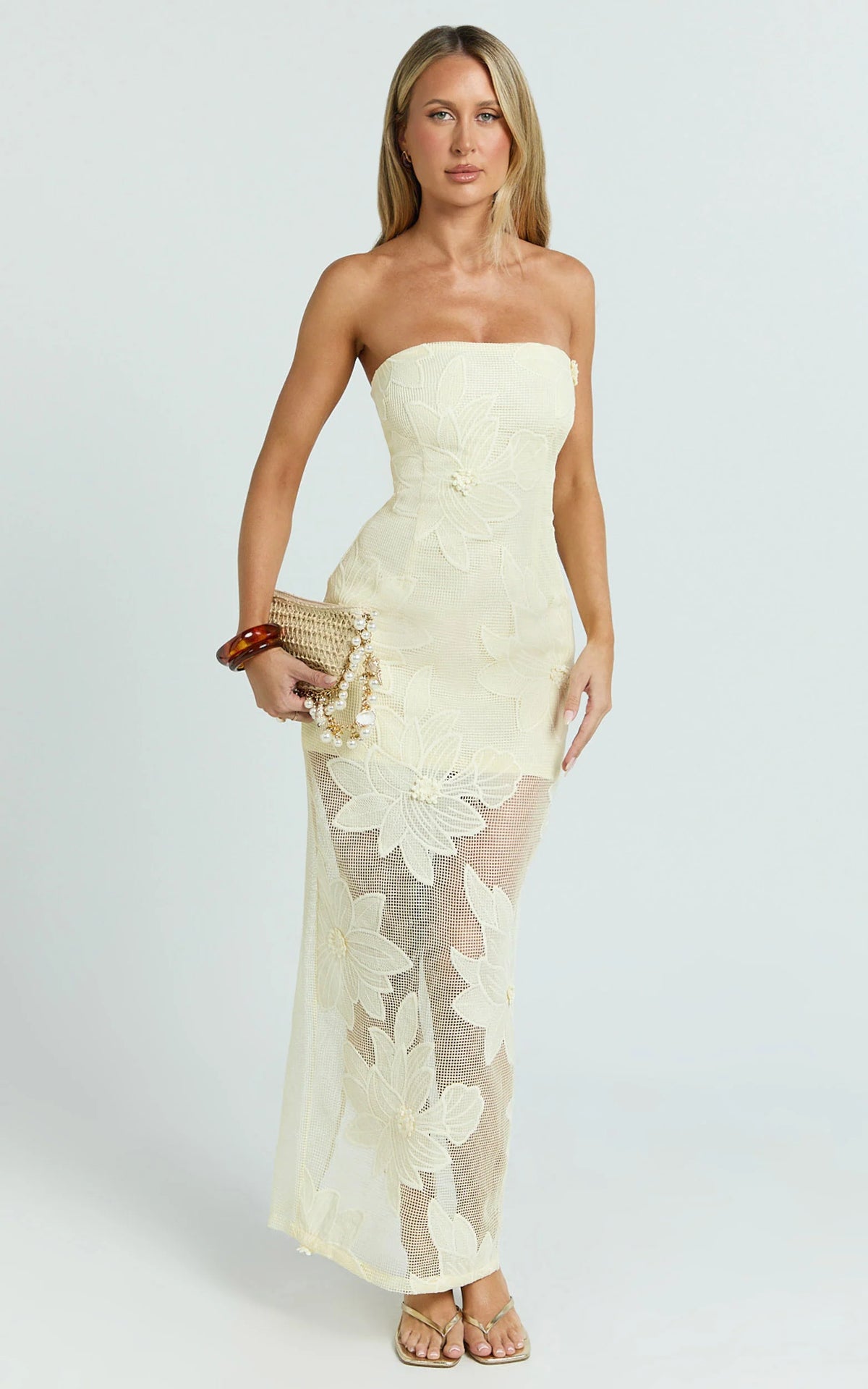 Sienna Midi Dress - Strapless Floral Embroidered Bodycon Dress in Lemon