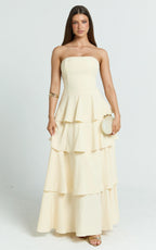 Suzy Midi Dress - Tiered Ruffle Lace Up Dress in Lemon