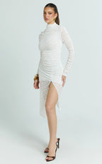 Karlene Midi Dress - Stretch Lace Long Sleeve Ruched Split Hem Dress in Ivory
