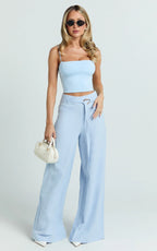 Kyra Pants - Linen Look Belted Wide Leg Pants in Blue