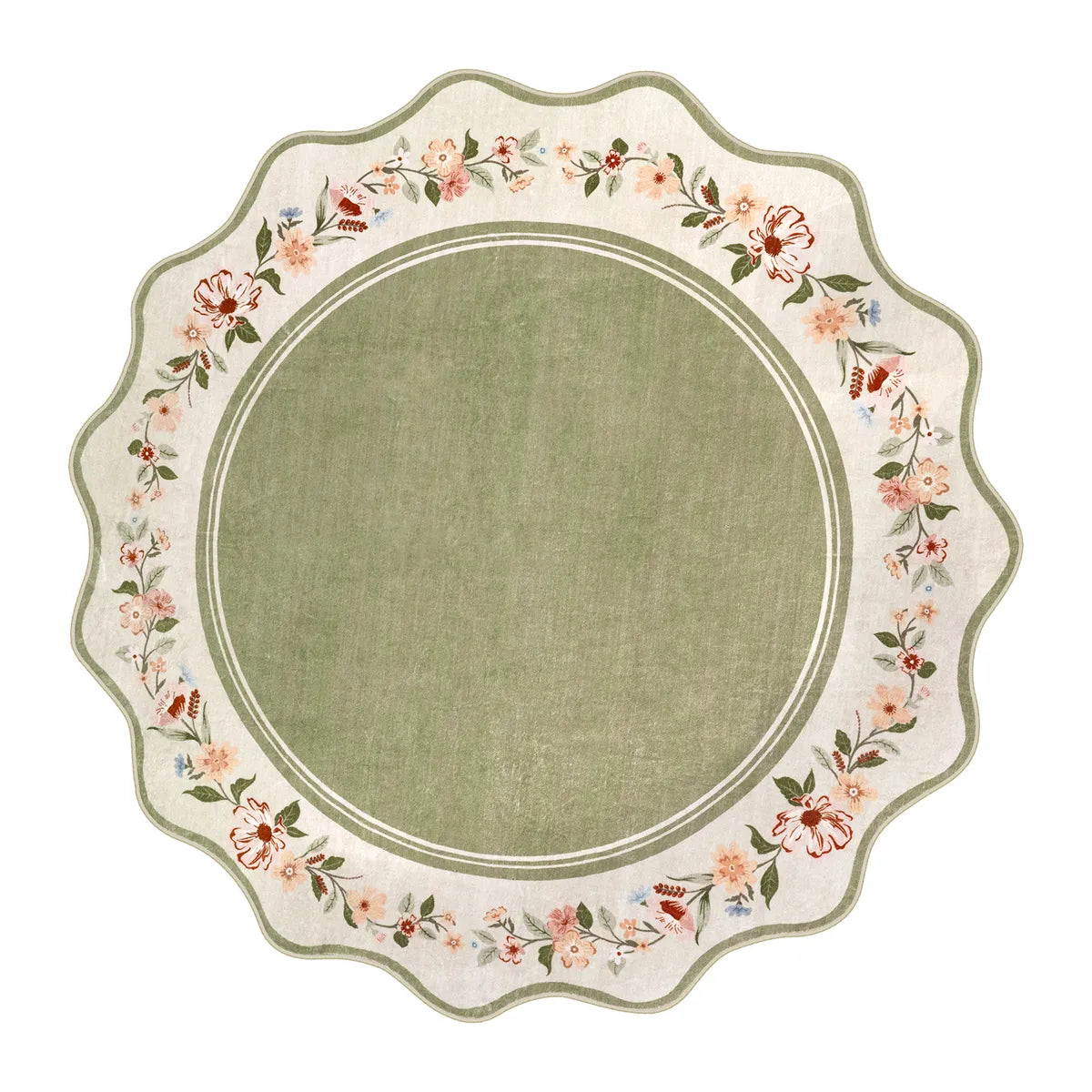 Ariele Washable Vintage Floral Scalloped Sage Green Rug