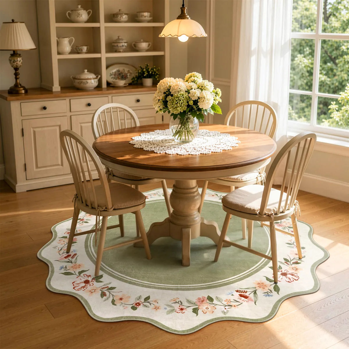 Ariele Washable Vintage Floral Scalloped Sage Green Rug