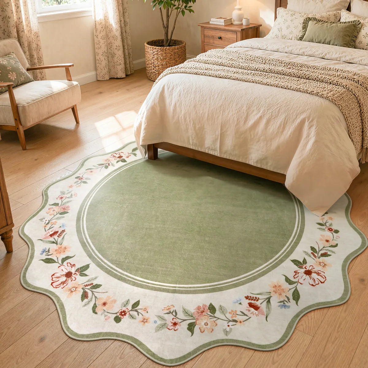 Ariele Washable Vintage Floral Scalloped Sage Green Rug