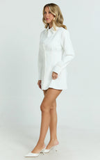 Thelma Mini Dress - Button Front Pleat Waist Tulip Skirt Shirtdress in White