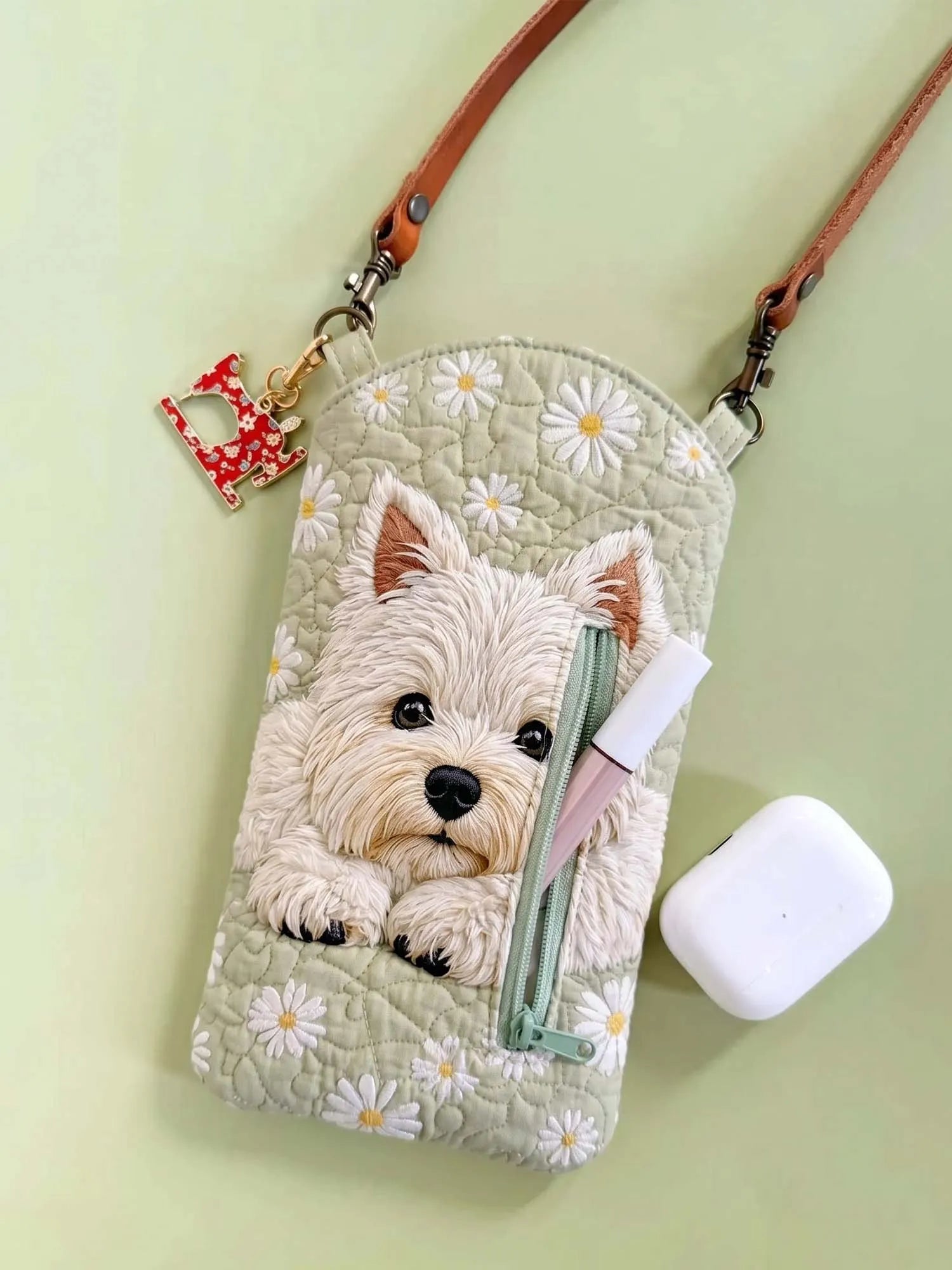 Westie Daisy Floral Quilted Slim Phone Crossbody Bag