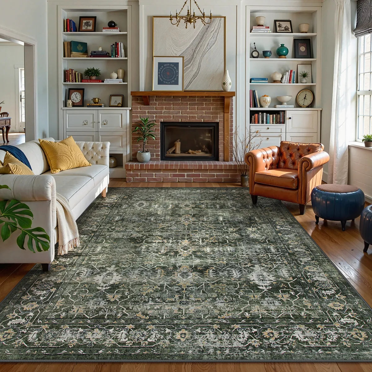 Margot Washable Vintage Distressed Dark Green Rug